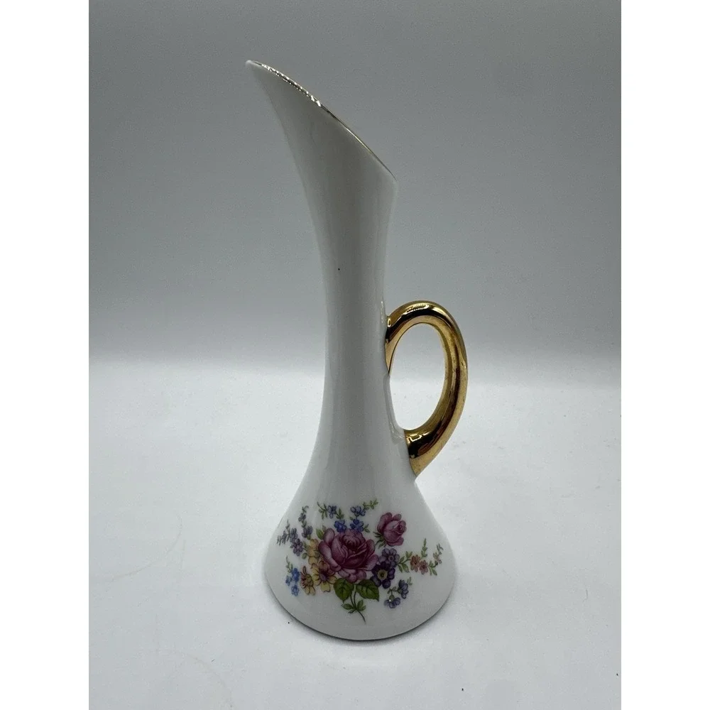 Porcelanas Guillen Madrid Porcelain Bud Vase‎ White Floral Gold Handle Spain